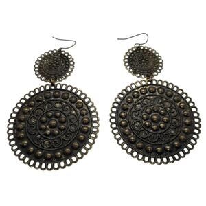 Boho Bronze Tone Medallion Dangle Earrings Round Statement, EUC